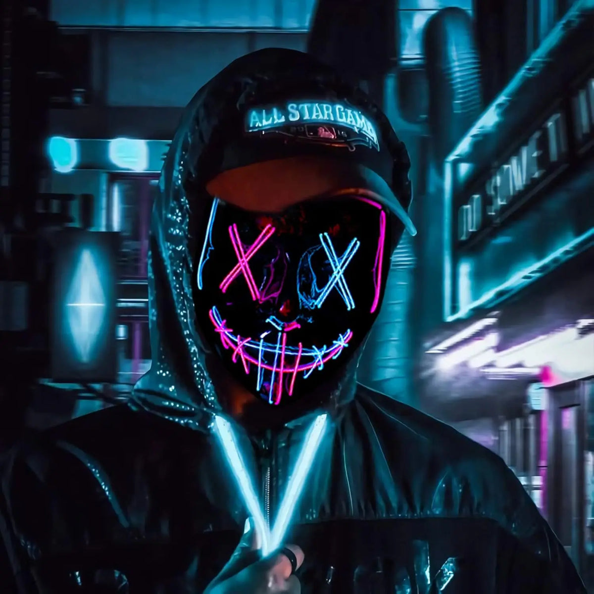 1-Pack Pink-Blue Dual-Color LED Light-Up Mask, Cool Flash, Atmosphere-Boosting, Ideal for Halloween, Carnival & Gifting