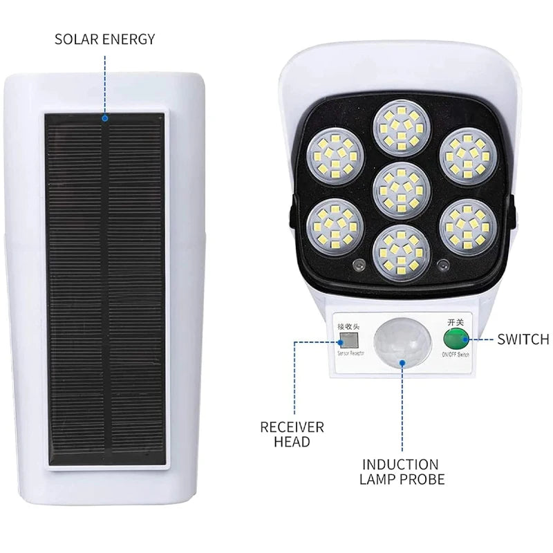 Solar Outdoor Motion Sensor Light 77 LED Spotlight With Waterproof Wireless Fake Security Camera for Porch Garden Patio Driveway