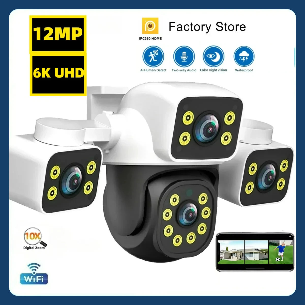 IPC360 Home 6K UHD Outdoor WiFi IP Camera 12MP Triple Lens with AI Human Detection 4K Auto Tracking for CCTV Security Monitoring