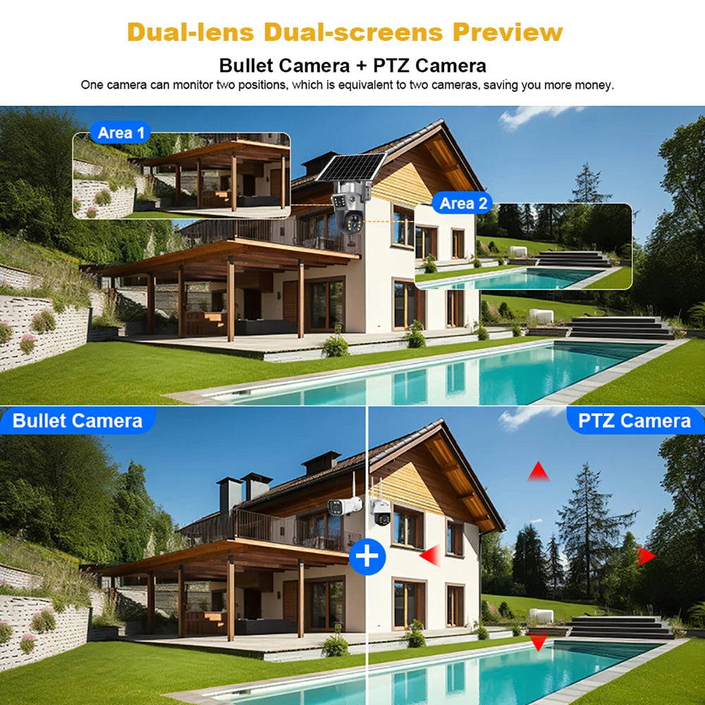4G / WiFi Solar Camera Dual Lenses Outdoor 8MP 4K Low Power Battery IP Camera PIR Night Vision V380 Pro CCTV Security Protection