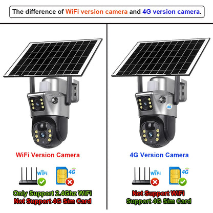 4G / WiFi Solar Camera Dual Lenses Outdoor 8MP 4K Low Power Battery IP Camera PIR Night Vision V380 Pro CCTV Security Protection