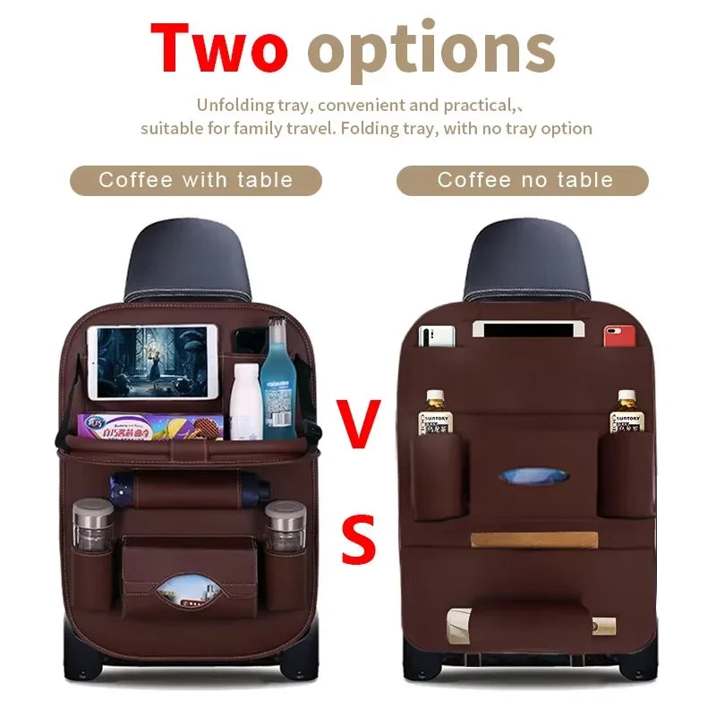 Car Seat Back Organizer with Foldable Table Tray PU Leather Storage Organizer with Pockets Kick Mats Seat Interior Accessories