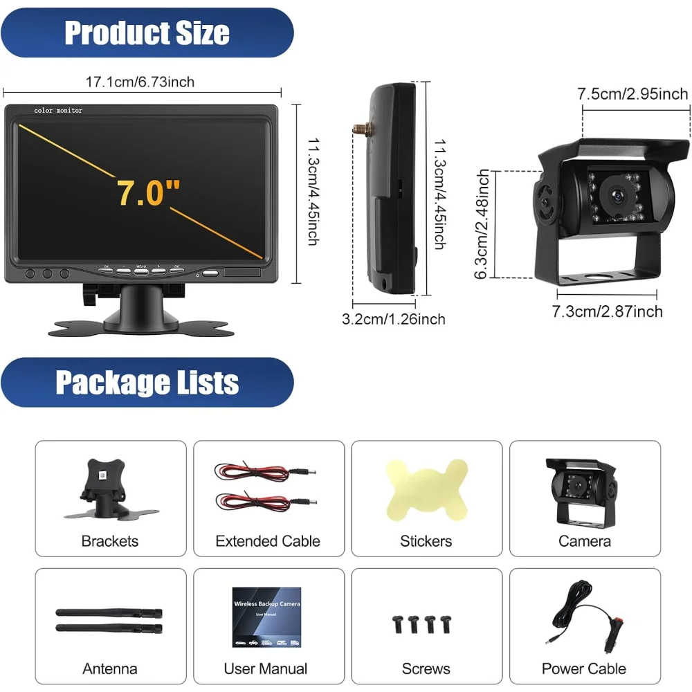 AI Human Vehicle Detection BSD 7" 1080P Digital Wireless Backup Camera Monitor Night Vision 12V-24V for Truck RV Trailer Bus