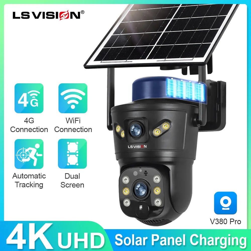 LS VISION 4G /WIFI Outdoor Solar Camera 8MP Dual Lens PIR Sim Card built in Night Vision Waterproof Security Camara Battery CCTV