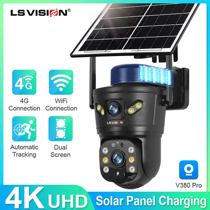 LS VISION 4G /WIFI Outdoor Solar Camera 8MP Dual Lens PIR Sim Card built in Night Vision Waterproof Security Camara Battery CCTV