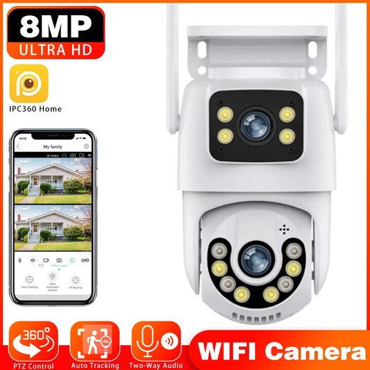 8MP IPC360 Home WIFI IP Camera Dual Lens 2 Screen PTZ Two Way Audio Color Night Vision Outdoor CCTV Surveillance Wireless Camera