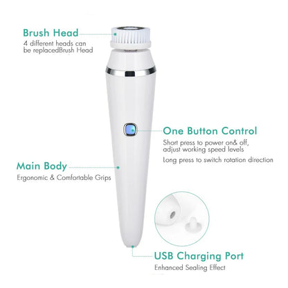 Facial Cleansing Brush 4 in 1 Electric Rechargeable Waterproof Rotating Face Cleaner Deep Pore Cleansing Skin Care Tool