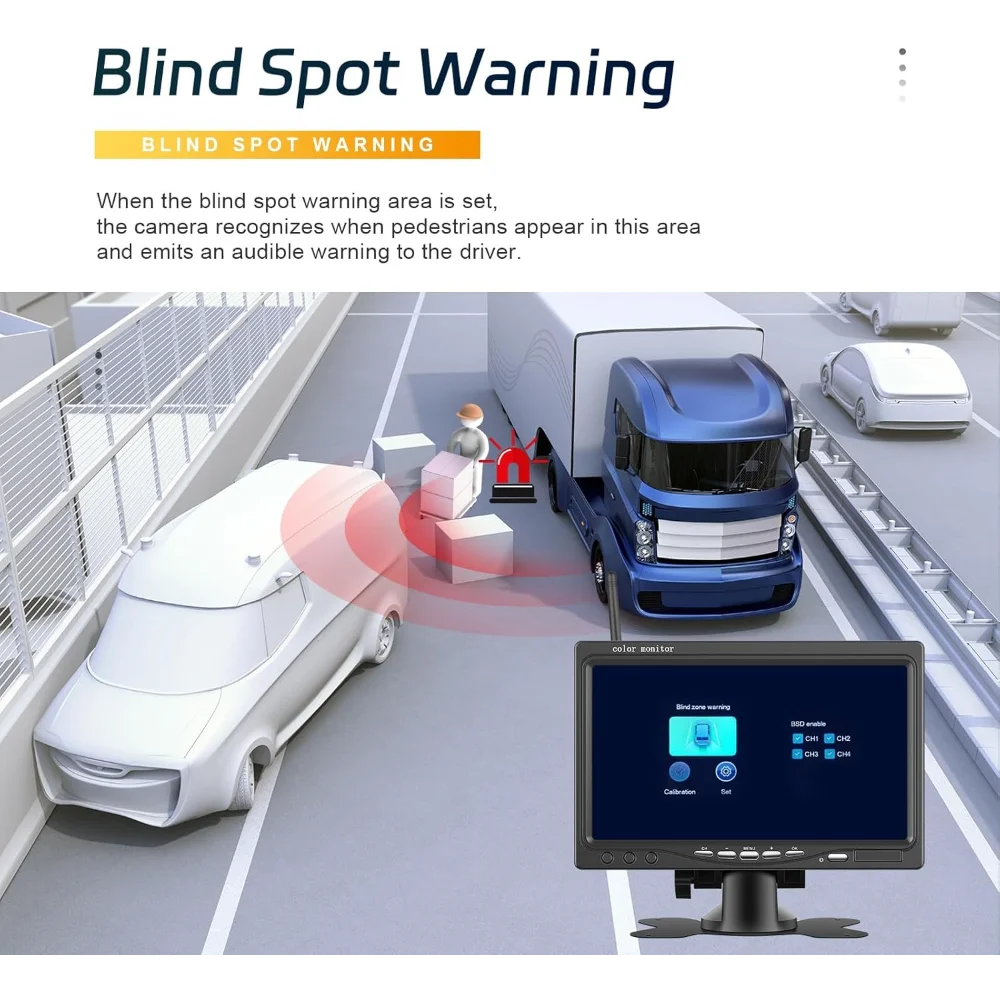 AI Human Vehicle Detection BSD 7" 1080P Digital Wireless Backup Camera Monitor Night Vision 12V-24V for Truck RV Trailer Bus