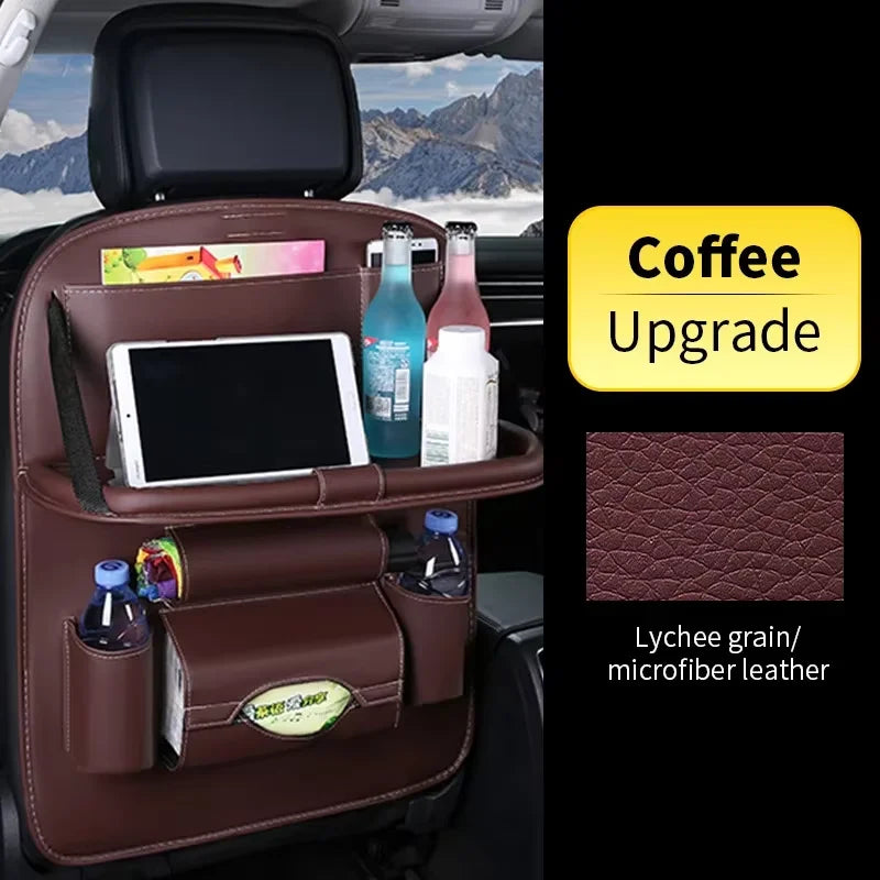 Car Seat Back Organizer with Foldable Table Tray PU Leather Storage Organizer with Pockets Kick Mats Seat Interior Accessories