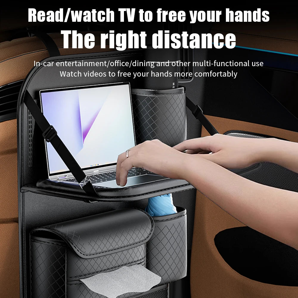 Car Seat Back Organizer Leather Pad Bag Car Storage Organizer Foldable Table Tray Travel Storage Bag Auto Accessories