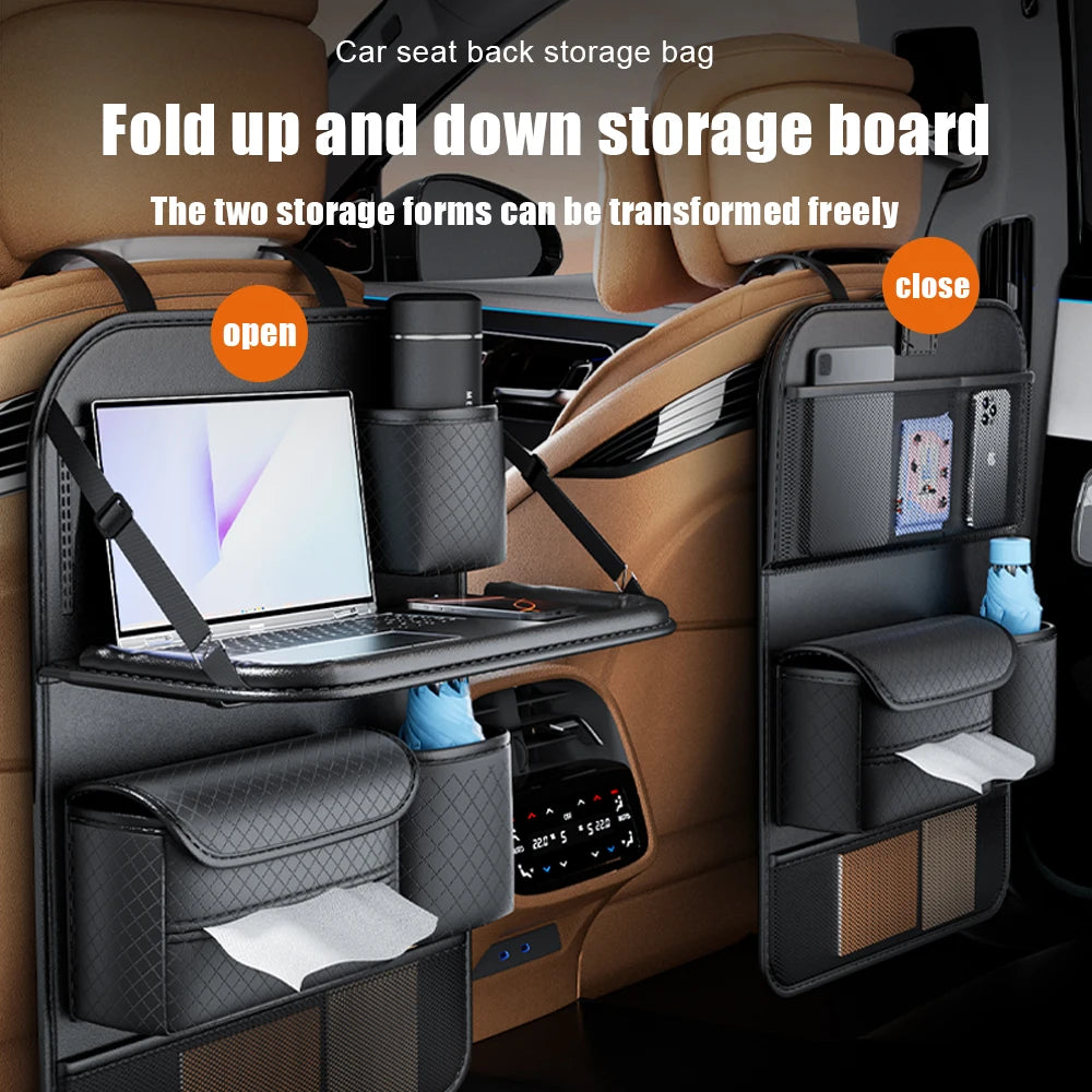 Car Seat Back Organizer Leather Pad Bag Car Storage Organizer Foldable Table Tray Travel Storage Bag Auto Accessories