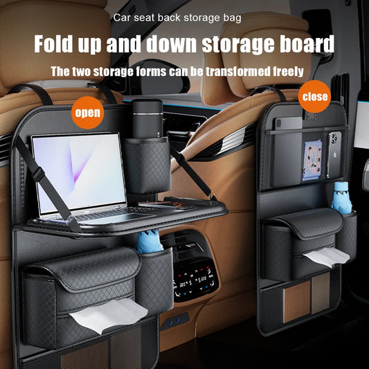 Car Seat Back Organizer Leather Pad Bag Car Storage Organizer Foldable Table Tray Travel Storage Bag Auto Accessories