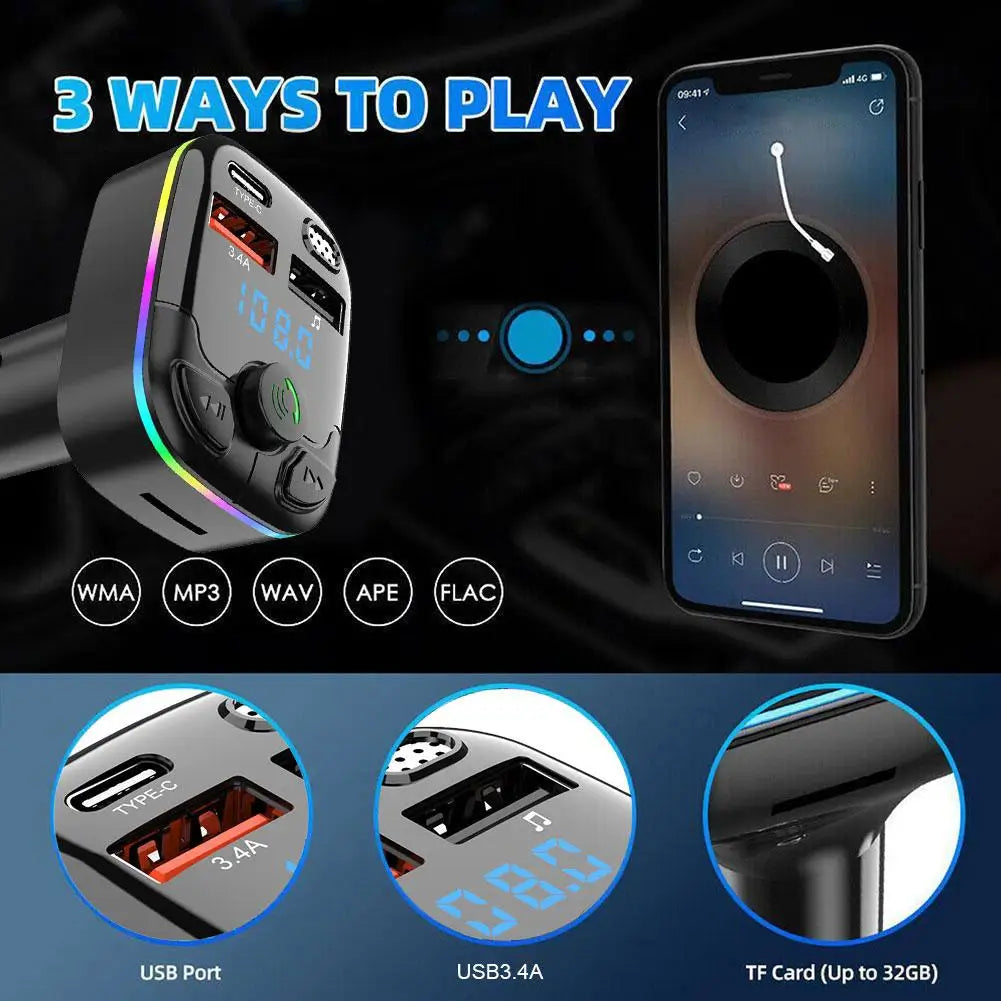 Bluetooth 5.0 Car FM Transmitter PD Type-C Dual USB Ambient Player Handsfree MP3 Charger Type-C Wireless Light PD QC3.0 Adapter
