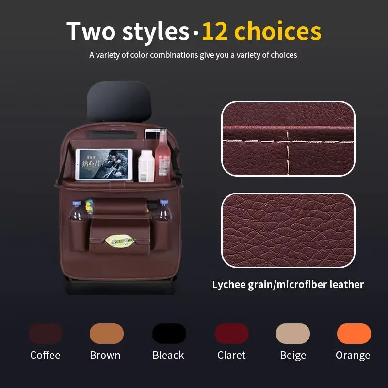 Car Seat Back Organizer with Foldable Table Tray PU Leather Storage Organizer with Pockets Kick Mats Seat Interior Accessories