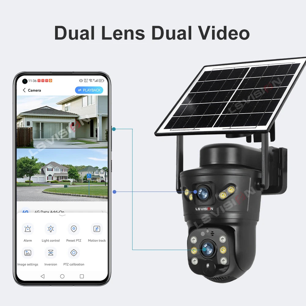LS VISION 4G /WIFI Outdoor Solar Camera 8MP Dual Lens PIR Sim Card built in Night Vision Waterproof Security Camara Battery CCTV