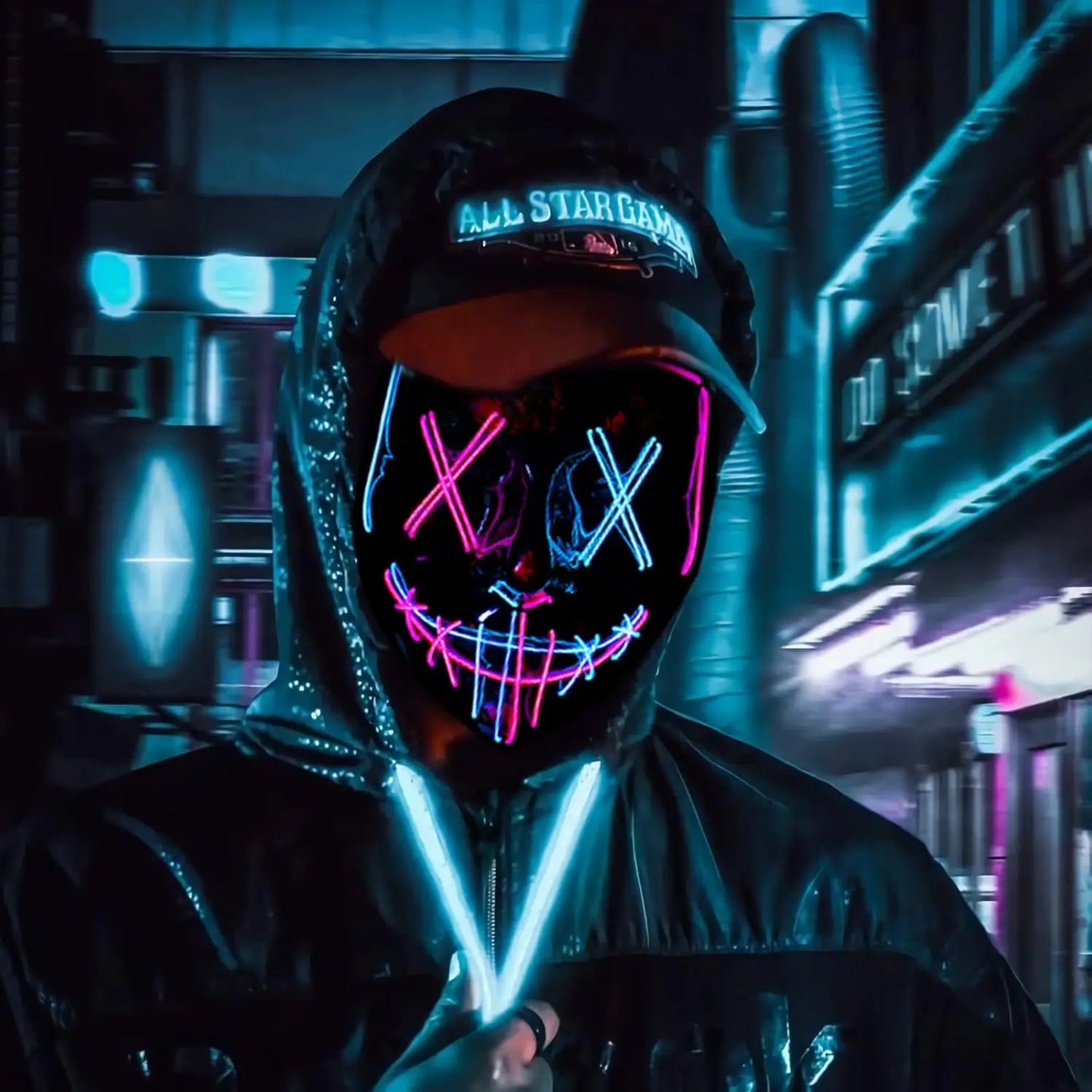 1-Pack Pink-Blue Dual-Color LED Light-Up Mask, Cool Flash, Atmosphere-Boosting, Ideal for Halloween, Carnival & Gifting