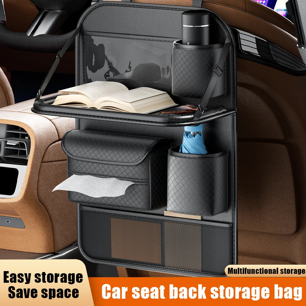 Car Seat Back Organizer Leather Pad Bag Car Storage Organizer Foldable Table Tray Travel Storage Bag Auto Accessories