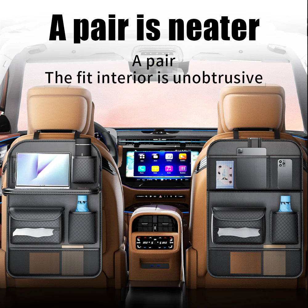 Car Seat Back Organizer Leather Pad Bag Car Storage Organizer Foldable Table Tray Travel Storage Bag Auto Accessories