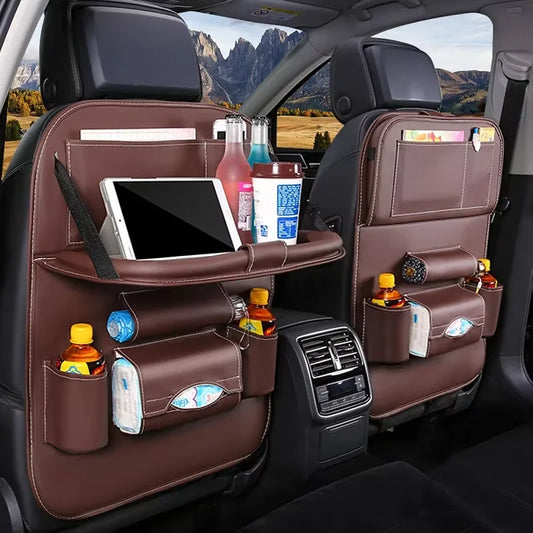 Car Seat Back Organizer with Foldable Table Tray PU Leather Storage Organizer with Pockets Kick Mats Seat Interior Accessories