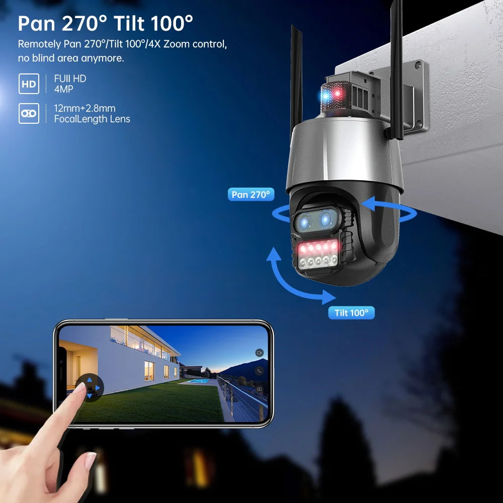 4MP 8X  iCsee  APP Dual Lens  FlashLight Siren Alarm WIFI IP Camera AI Humanoid Detection Auto Tracking CCTV Baby Monitor