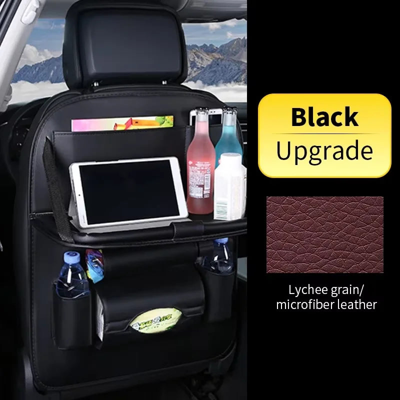 Car Seat Back Organizer with Foldable Table Tray PU Leather Storage Organizer with Pockets Kick Mats Seat Interior Accessories
