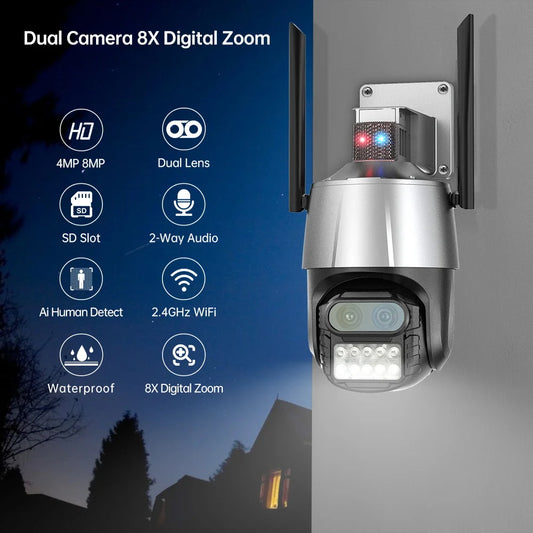 4MP 8X  iCsee  APP Dual Lens  FlashLight Siren Alarm WIFI IP Camera AI Humanoid Detection Auto Tracking CCTV Baby Monitor