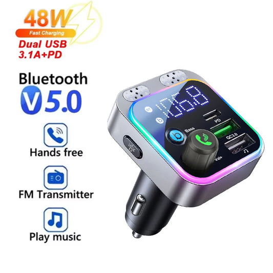 Bluetooth 5.0 FM Transmitter For Car FM Bluetooth Car Adapter Car Charger Bass Boost 3 Ports Charger Bluetooth Adapter