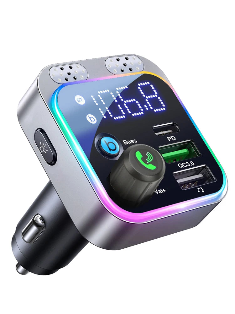 Bluetooth 5.0 FM Transmitter For Car FM Bluetooth Car Adapter Car Charger Bass Boost 3 Ports Charger Bluetooth Adapter