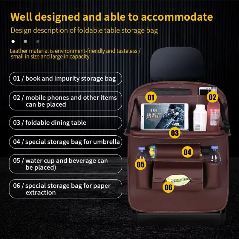 Car Seat Back Organizer with Foldable Table Tray PU Leather Storage Organizer with Pockets Kick Mats Seat Interior Accessories