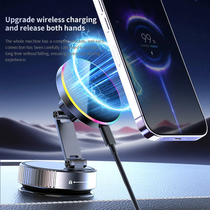 15W Wireless Car Charger Car Phone Holder RGB Colorful Light Vacuum Suction Cup Charging Can 360 Rotate Foldable Phone Holder