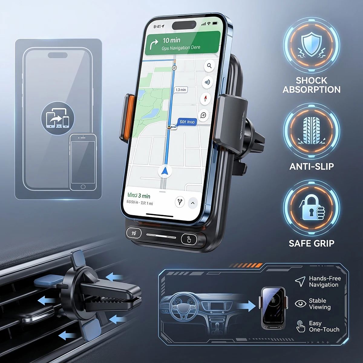 Car Phone Charger Phone Holder 15W Wireless &amp; Wired Charger Auto Sensing One-Touch Release and Rotation Qi FCC ROHS Certified
