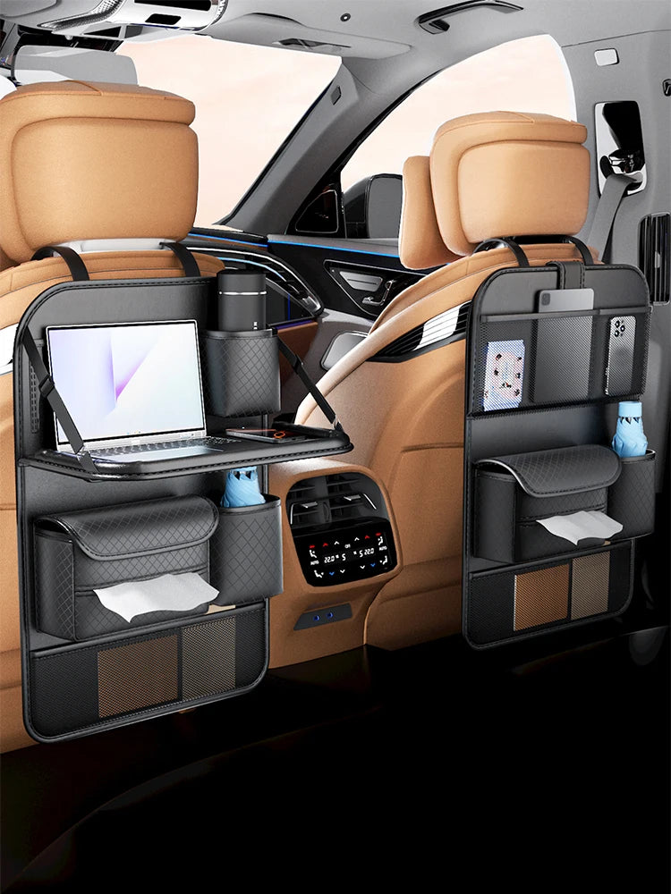 Car Seat Back Organizer Leather Pad Bag Car Storage Organizer Foldable Table Tray Travel Storage Bag Auto Accessories
