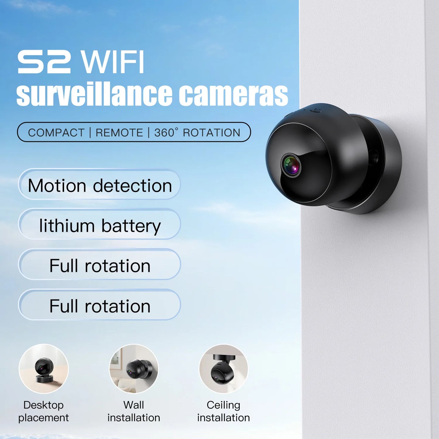 Wireless Security Camera 360° Full Coverage View WiFi HD Motion Detection Night Vision Indoor Outdoor Remote Monitor