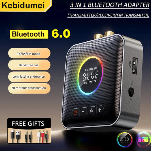 3 in 1 Bluetooth 6.0 Transmitter Receiver FM Modulator Transmitter 3.5MM AUX RCA Stereo Music LED Display Wireless Adapter
