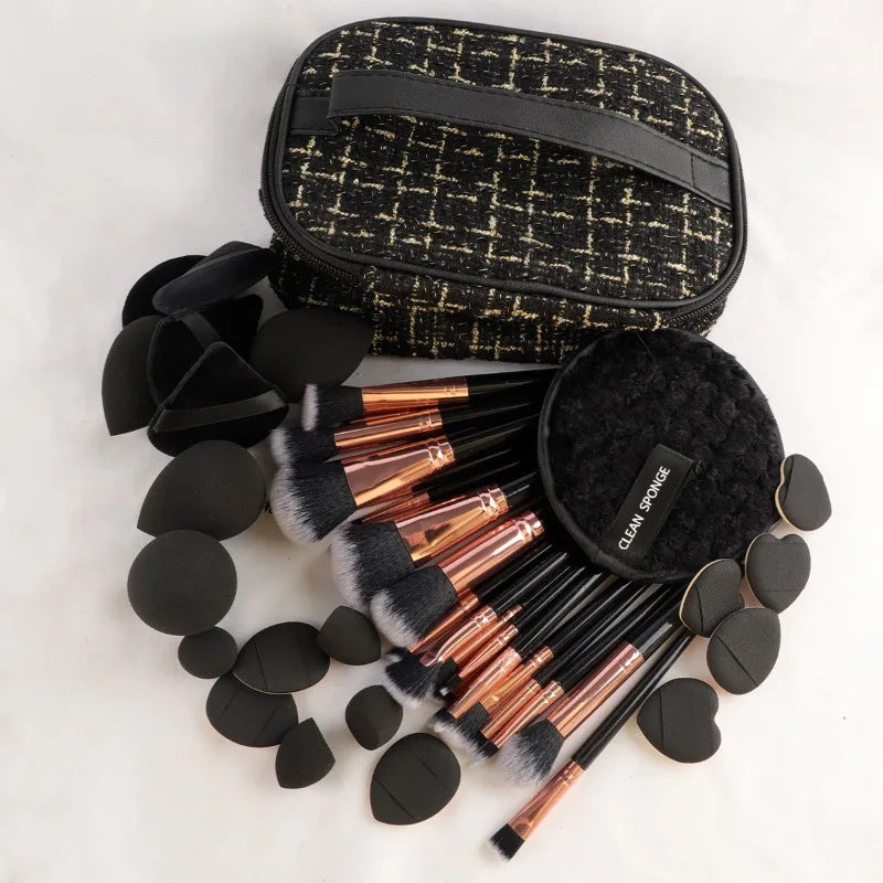 47 piece set of beauty tools, small fragrance makeup bag, makeup brush set, portable toiletry, travel, powder puff, makeup