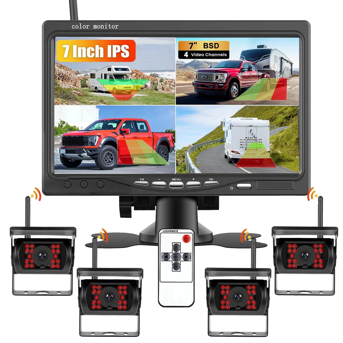 AI Human Vehicle Detection BSD 7" 1080P Digital Wireless Backup Camera Monitor Night Vision 12V-24V for Truck RV Trailer Bus