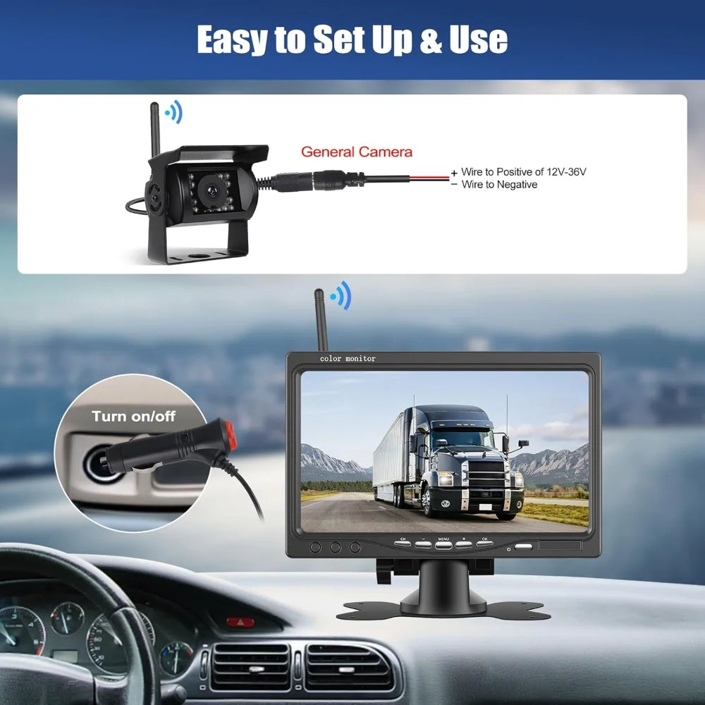 AI Human Vehicle Detection BSD 7" 1080P Digital Wireless Backup Camera Monitor Night Vision 12V-24V for Truck RV Trailer Bus