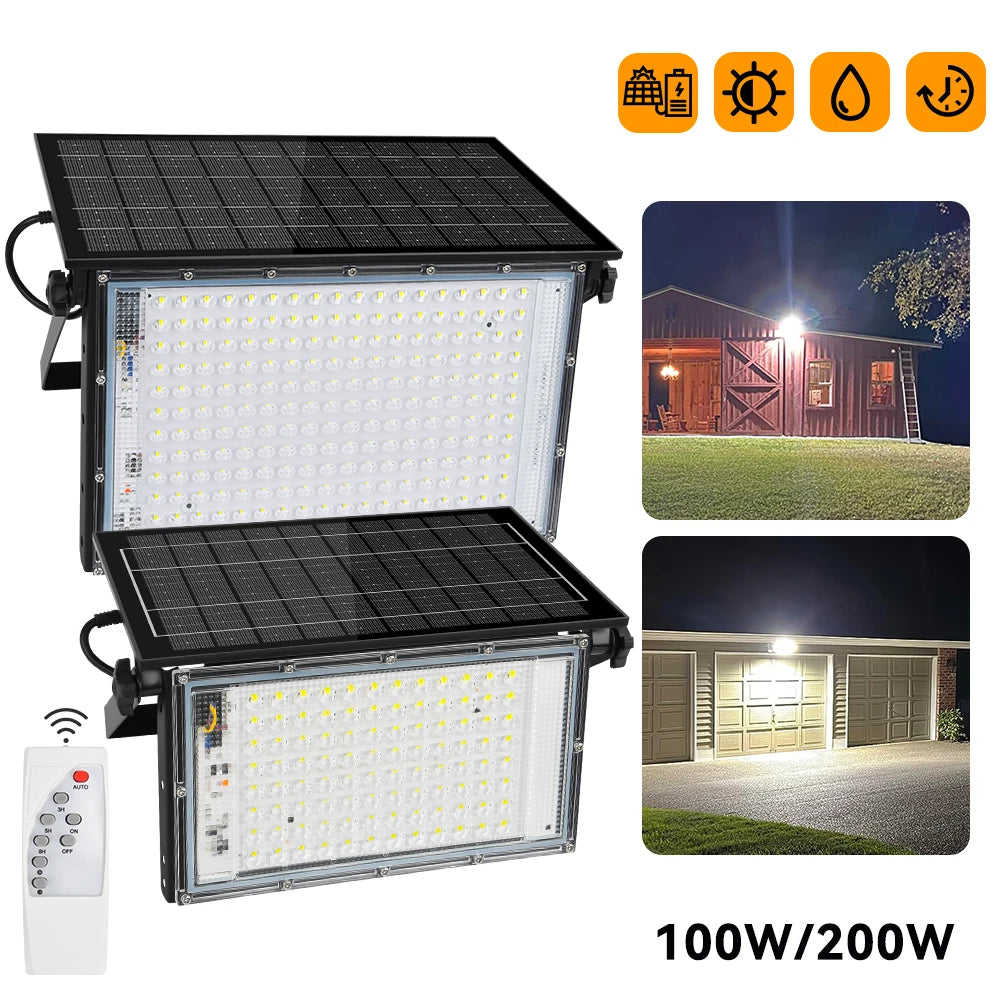 100W 200W LED Portable LED Solar Flood Lights Outdoor Camping Light Waterproof IP65 Wall Light for Garden Backyard