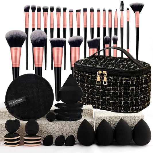 47 piece set of beauty tools, small fragrance makeup bag, makeup brush set, portable toiletry, travel, powder puff, makeup