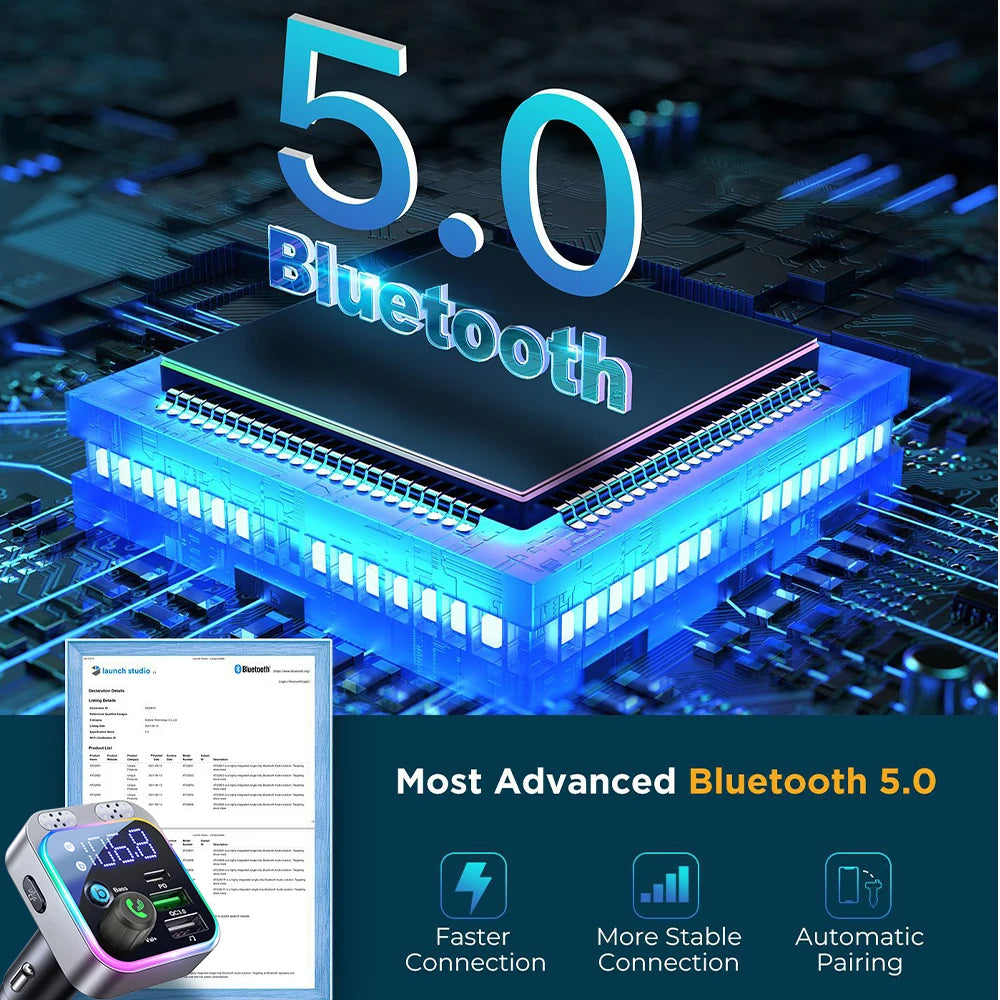 Bluetooth 5.0 FM Transmitter For Car FM Bluetooth Car Adapter Car Charger Bass Boost 3 Ports Charger Bluetooth Adapter