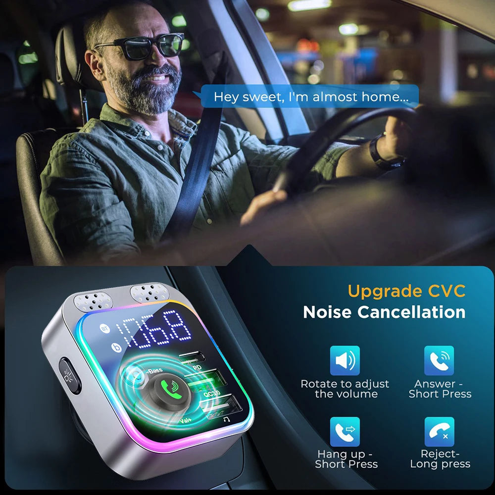Bluetooth 5.0 FM Transmitter For Car FM Bluetooth Car Adapter Car Charger Bass Boost 3 Ports Charger Bluetooth Adapter