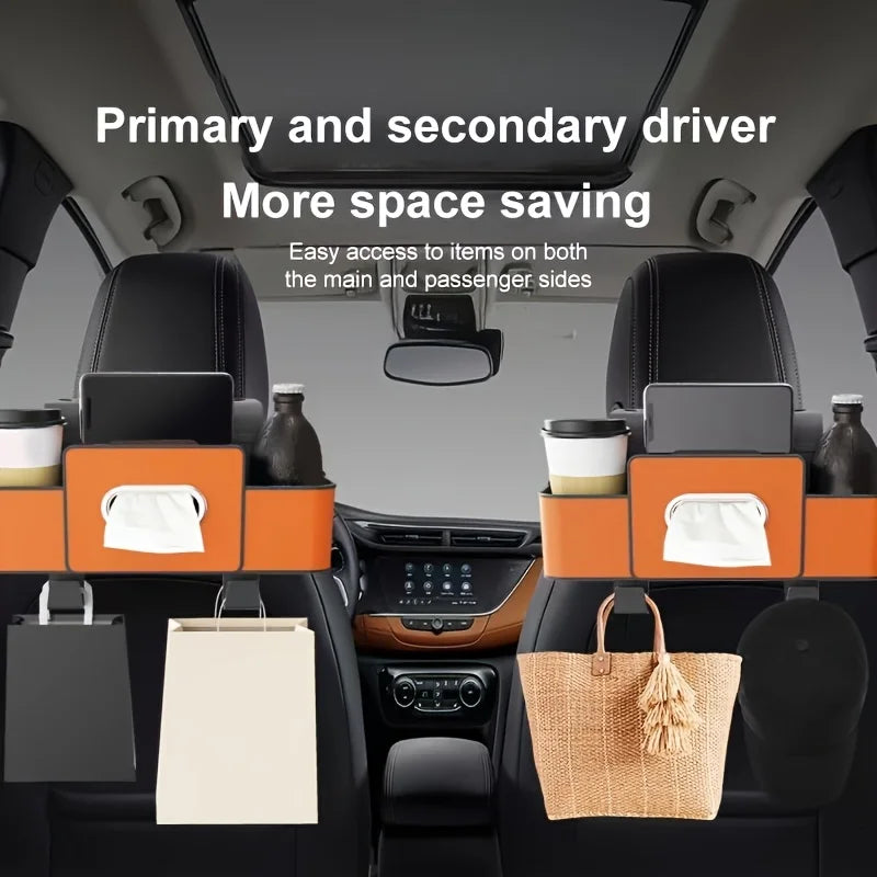 Car Seat Organizer with ABS Box &amp; Tissue Holder. Double Storage for Snacks/Drinks. Easy Install, Durable Resin for All Cars.