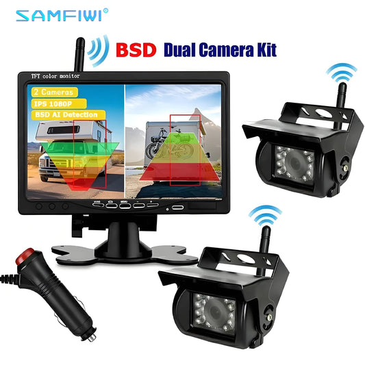AI Human Vehicle Detection BSD 7" 1080P Digital Wireless Backup Camera Monitor Night Vision 12V-24V for Truck RV Trailer Bus