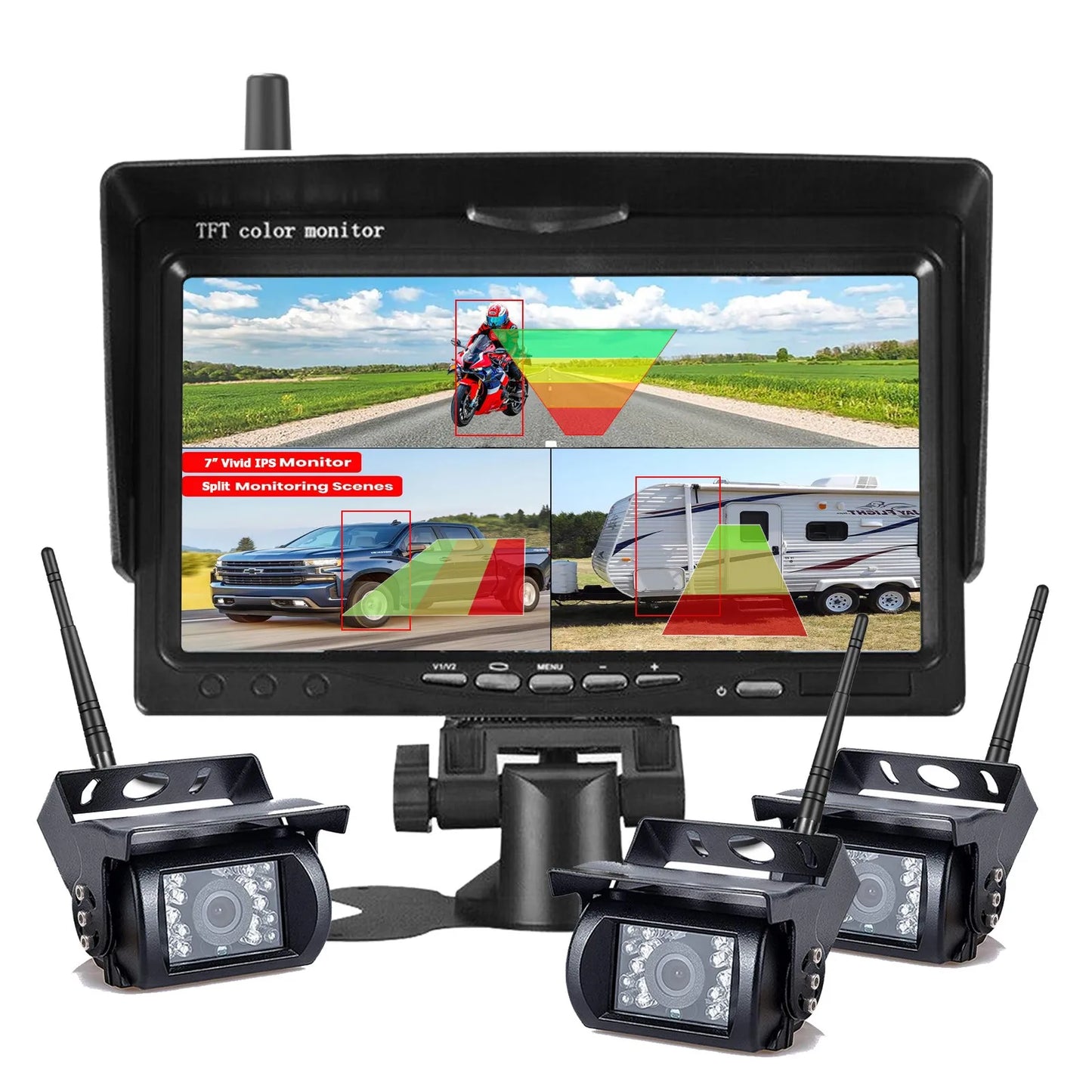 AI Human Vehicle Detection BSD 7" 1080P Digital Wireless Backup Camera Monitor Night Vision 12V-24V for Truck RV Trailer Bus