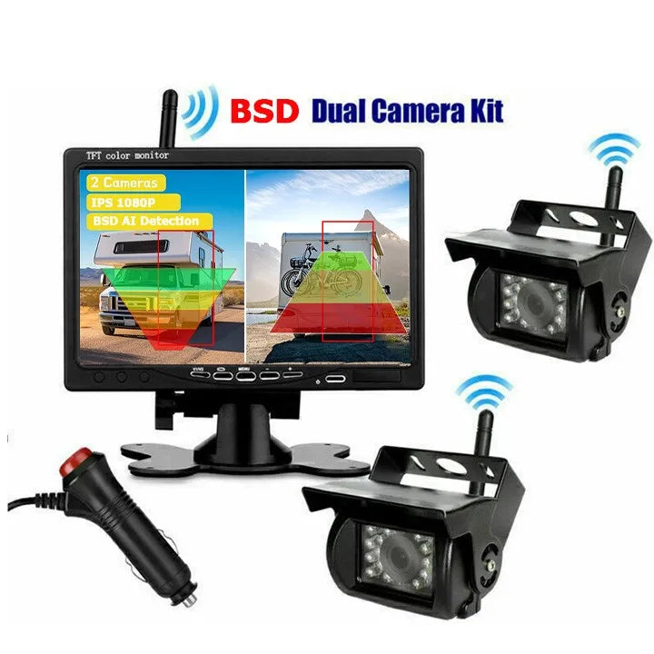 AI Human Vehicle Detection BSD 7" 1080P Digital Wireless Backup Camera Monitor Night Vision 12V-24V for Truck RV Trailer Bus