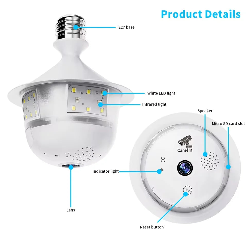 5MP Wifi 360 Panoramic Fisheye Indoor IP CCTV Bulb Security Camera Full Color Night Vision Two-Way Voice Wireless Auto Tracking