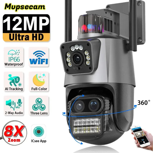 360 Wireless Outdoor 6K 12MP WiFi Security Camera ICSee Smart Three Lens 8X Zoom Video Surveillance IP Camera CCTV Auto Tracking