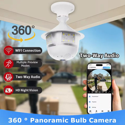 5MP Wifi 360 Panoramic Fisheye Indoor IP CCTV Bulb Security Camera Full Color Night Vision Two-Way Voice Wireless Auto Tracking