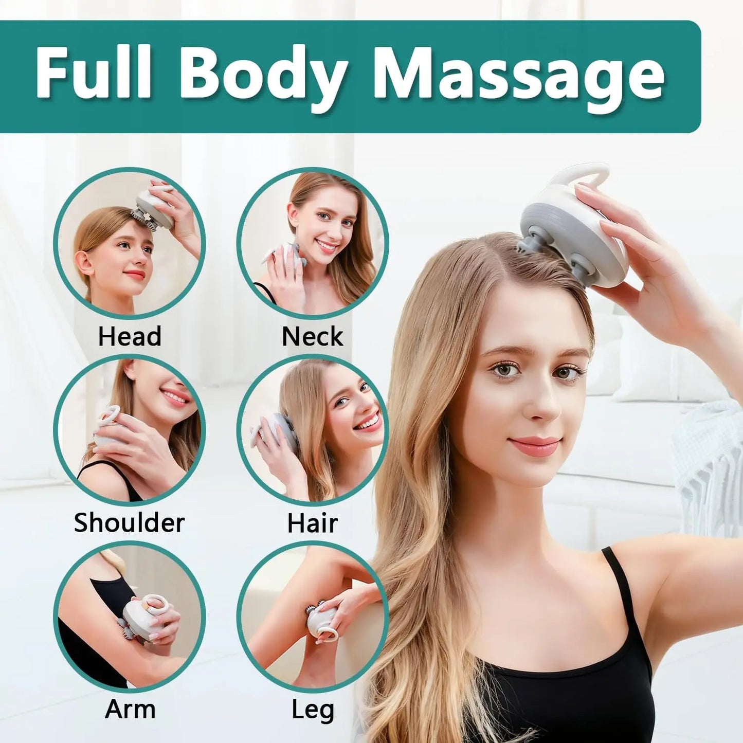 Electric Scalp Massager Cordless Waterproof Head Massager with Kneading Nodes, Handheld Hair Brush for Cleaning & Relaxation