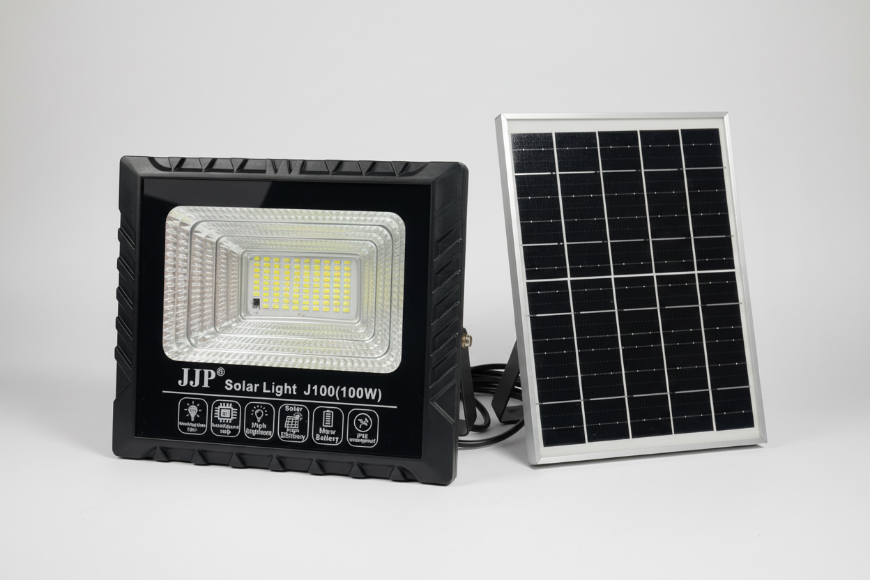 Solar light with LED panel and JJP branding on a white background
